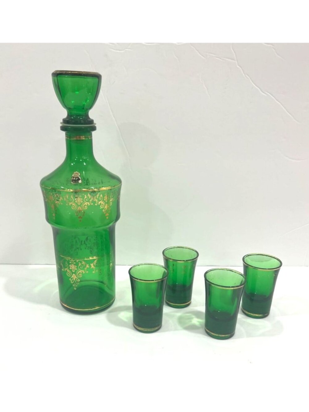 Vintage Cristallerie Artistiche DFP Emerald Green Decanter with 4 glasses,Italy